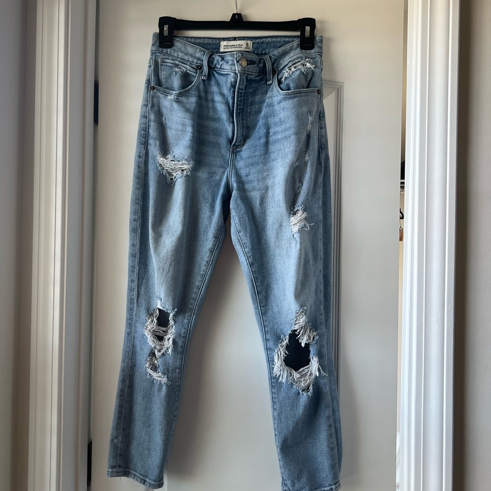 A&F High Rise Super Skinny Ankle Distressed Jeans
